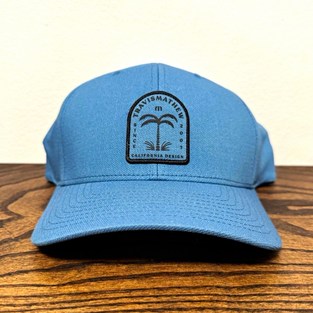 TravisMathew Shark Sighting Flexfit 110 SnapBack Golf Hat Blue Palm Tree Patch